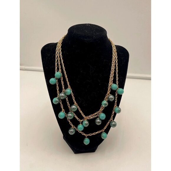 Gold-Tone Chain Necklace With Green & Grey Beads - Picture 1 of 1